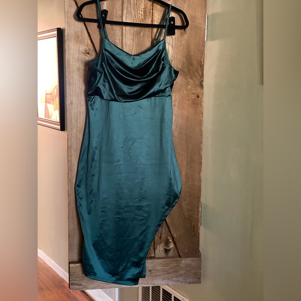 Emerald green high slit dress satin